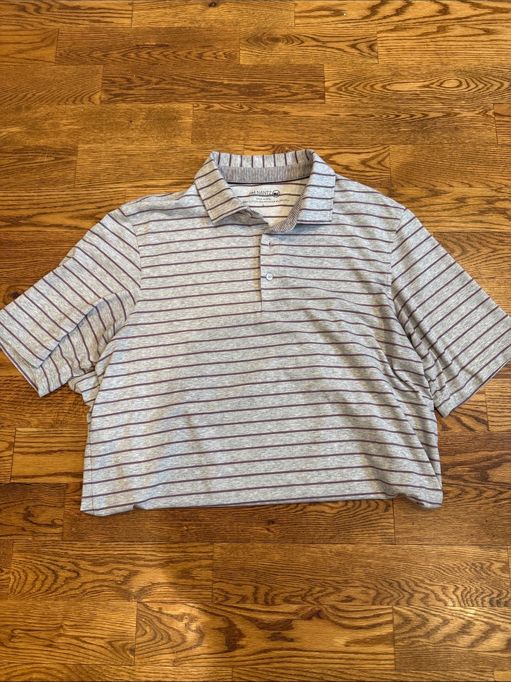 Vineyard Vines Gray Polo with Thin Burgundy Stripes Jim Nantz